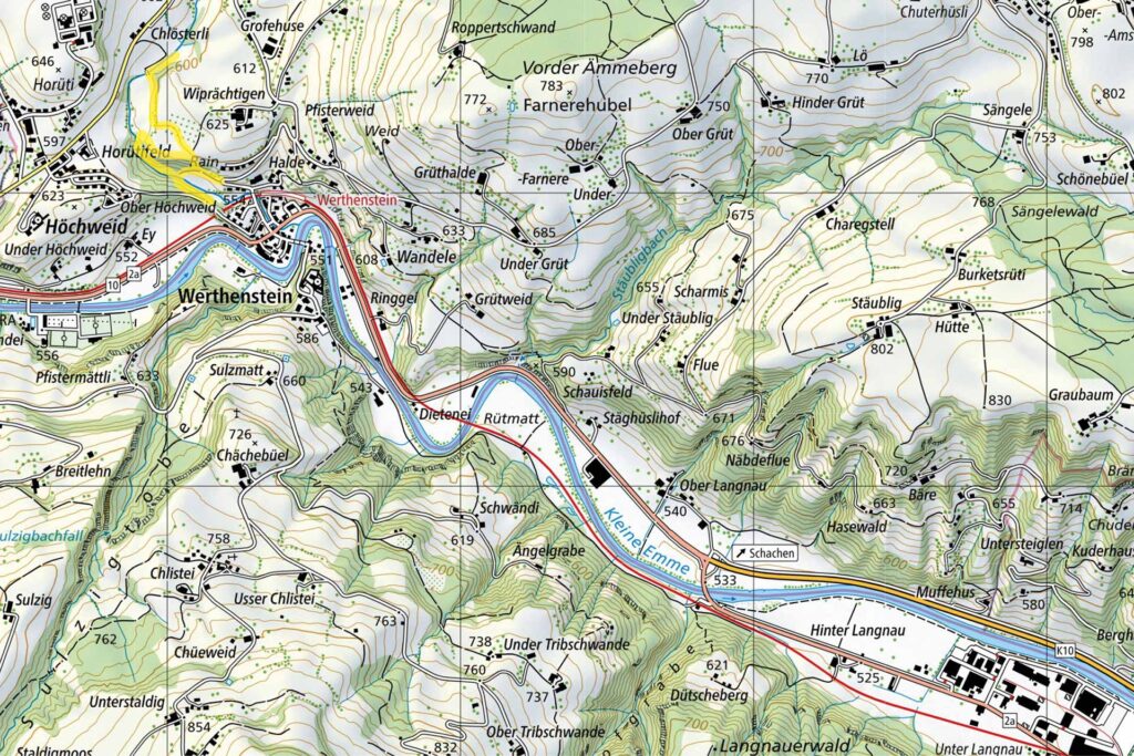 Wanderkarteausschnitt zum Wasserfall Bielbachfälle beim Kloster Werthenstein