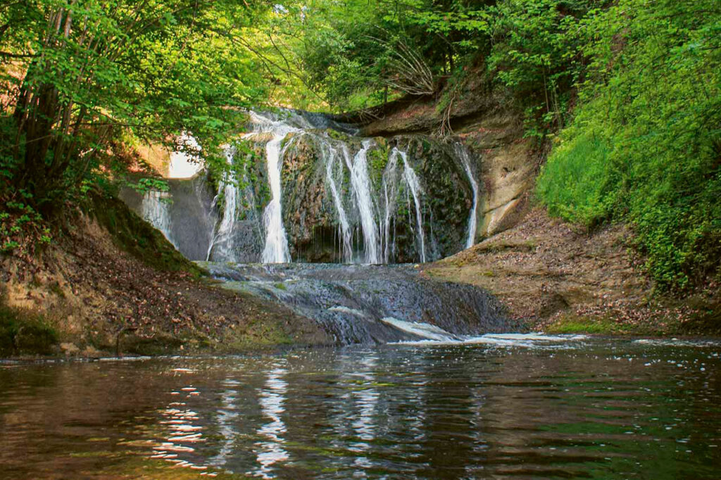 Erfrischende Naturschönheit: Tauchen Sie ein in die faszinierende Welt eines Wasserfalls und eines plätschernden Baches, umgeben von viel Natur.